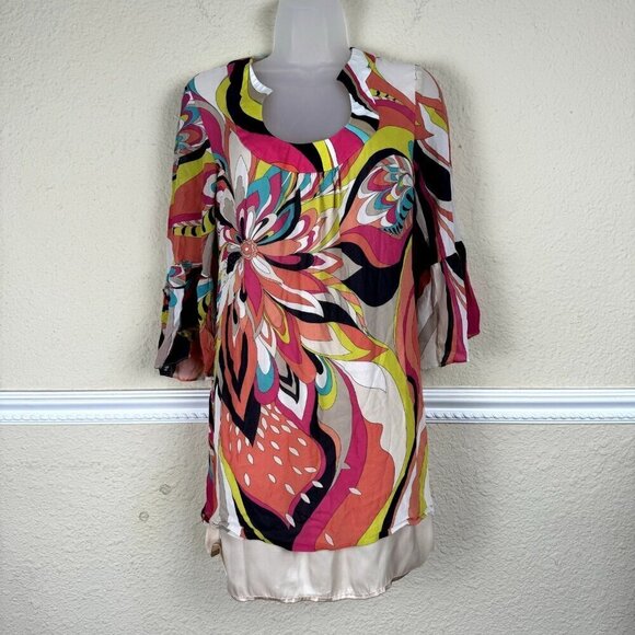 Trina Turk Floral V-Neck Sheath Cocktail Dress Size 0 70's Disco 100% Silk Bell - Picture 1 of 8